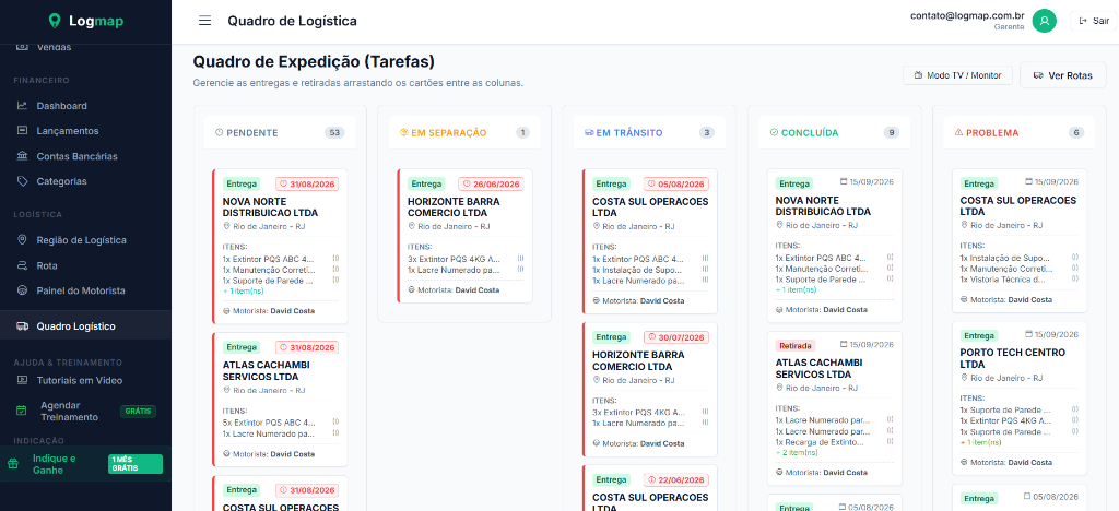Logmap ERP - Quadro Kanban de Expedição de Entregas e Tarefas Operacionais