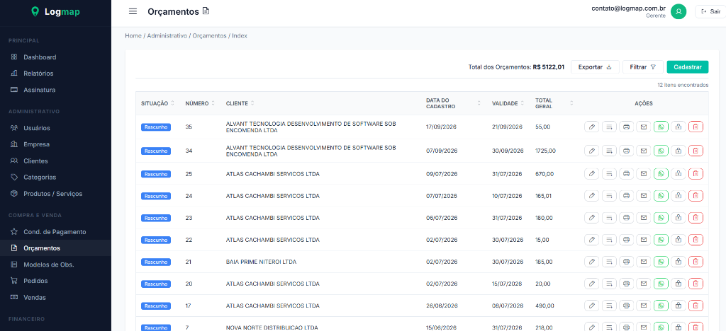 Logmap ERP - Emissão Rápida de Orçamentos, Propostas Comerciais e Vendas